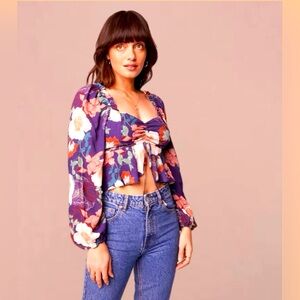 Band of the Free by Band of Gypsies Floraine Purple/Ivory Ling Sleeve Crop Top